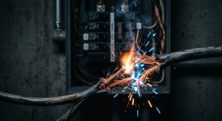 Cabo elétrico desencapado soltando faíscas e fumaça em um curto-circuito em frente a um quadro de disjuntores