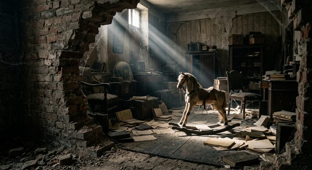 Sala Emparedada: O Terrível Segredo Oculto por 40 Anos Cavalo de balanço de madeira iluminado por um feixe de luz em um quarto abandonado com livros espalhados pelo chão