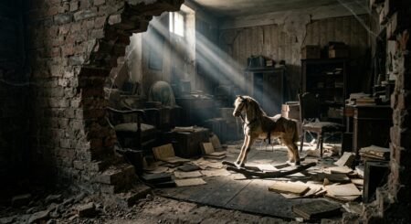 Cavalo de balanço de madeira iluminado por um feixe de luz em um quarto abandonado com livros espalhados pelo chão