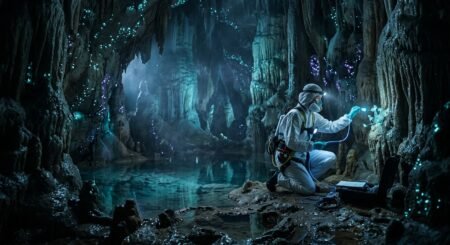 Cientista em traje de proteção examina organismos bioluminescentes nas paredes de uma caverna com estalactites