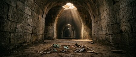 Escavação arqueológica em túnel de pedra antigo com artefatos e ferramentas no chão sob feixe de luz