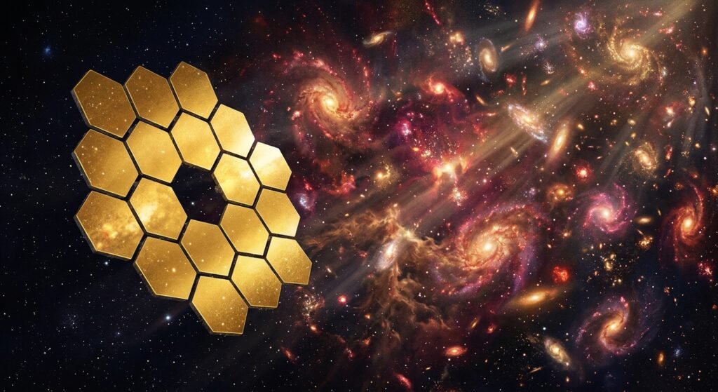 Espelho primário dourado do Telescópio Espacial James Webb diante de várias galáxias e nebulosas no espaço