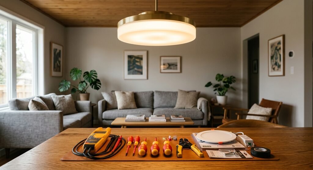 Ferramentas de eletricista e painel de LED sobre uma mesa de madeira em uma sala de estar iluminada