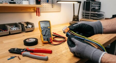 Mãos com luvas segurando fios elétricos conectados em um conector transparente sobre bancada com multímetro e ferramentas