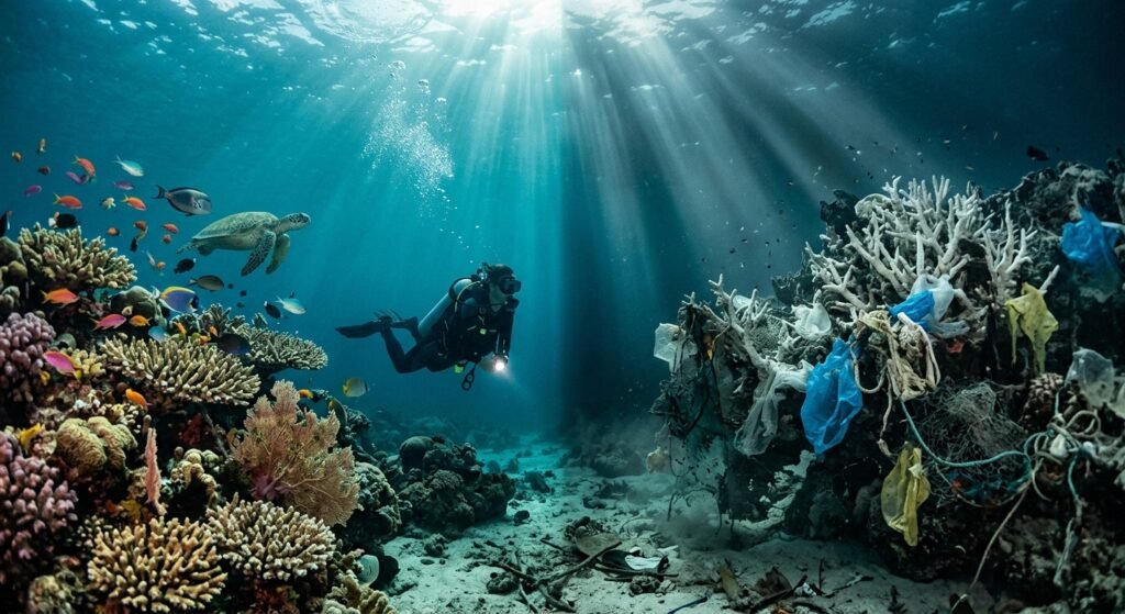 Telescópio James Webb Revela Mundo Oceânico em Encélado Mergulhador entre um recife vibrante com peixes e tartaruga à esquerda e corais cobertos de plástico à direita