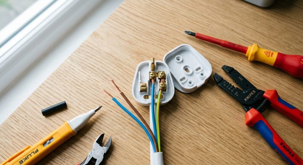 Plugue elétrico aberto com fiação exposta e ferramentas de eletricista sobre uma bancada de madeira