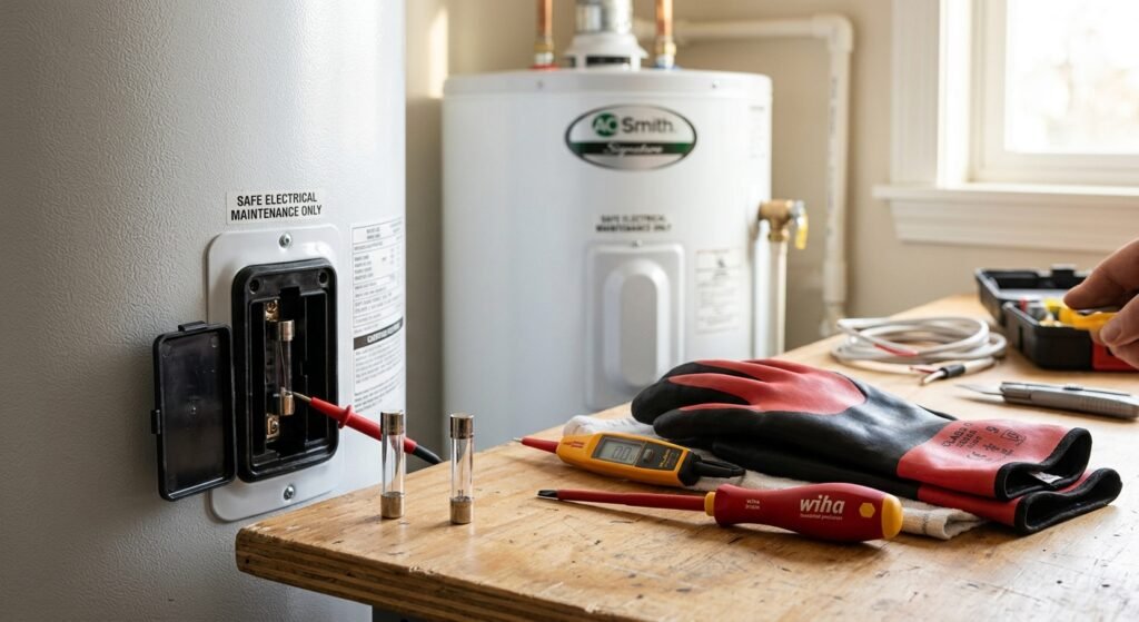 Pontas de prova testando fusível em aquecedor de água, com ferramentas e luvas de proteção na bancada