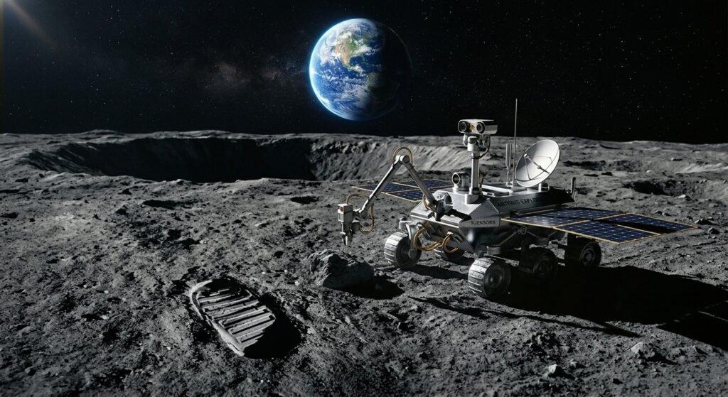 Por que a NASA não voltou à Lua? Entenda o mistério Rover na superfície lunar analisando uma rocha ao lado de uma pegada de astronauta, com a Terra visível no espaço