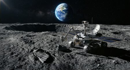 Rover na superfície lunar analisando uma rocha ao lado de uma pegada de astronauta, com a Terra visível no espaço