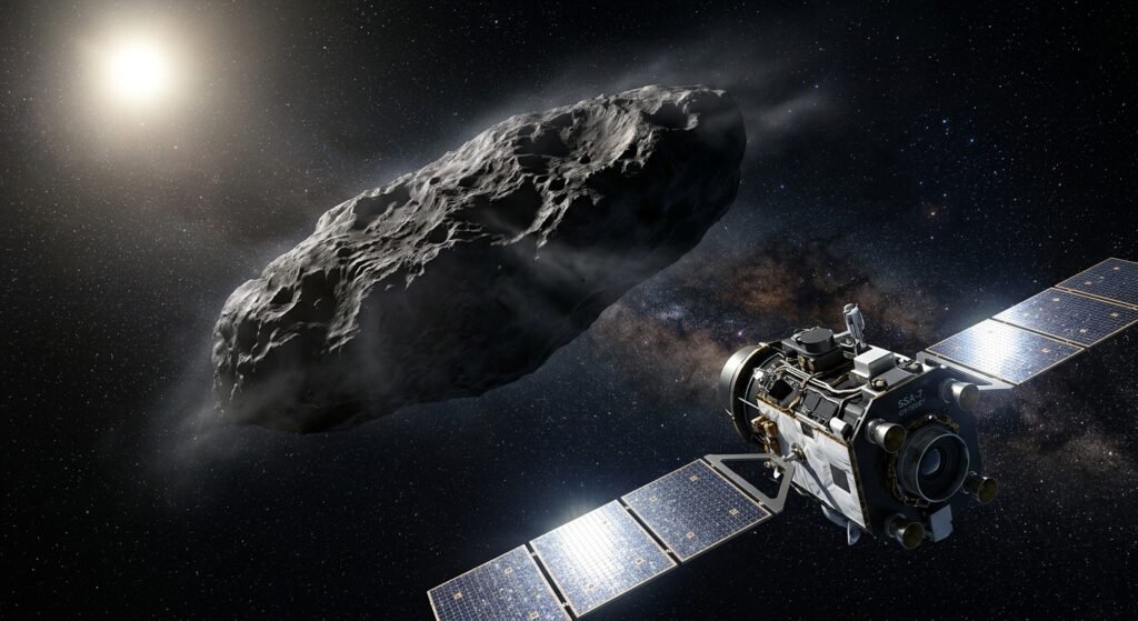 Sonda espacial com painéis solares estendidos aproxima-se de um grande asteroide rochoso iluminado pelo Sol no espaço