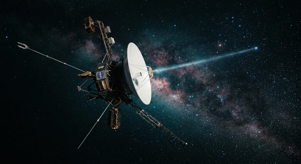Sonda espacial Voyager navegando no espaço sideral com a Via Láctea e estrelas ao fundo