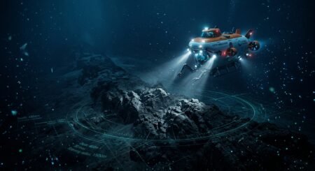 Submarino de pesquisa ilumina o leito marinho rochoso com holofotes enquanto realiza escaneamento digital profundo