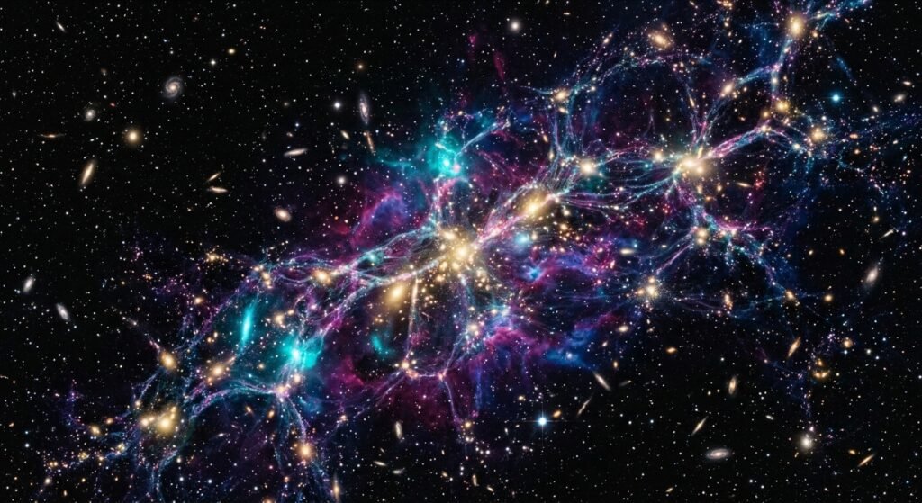 Teia cósmica em fundo espacial escuro, com filamentos brilhantes em azul e roxo conectando aglomerados de galáxias