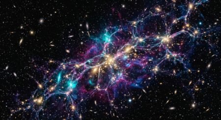 Teia cósmica em fundo espacial escuro, com filamentos brilhantes em azul e roxo conectando aglomerados de galáxias