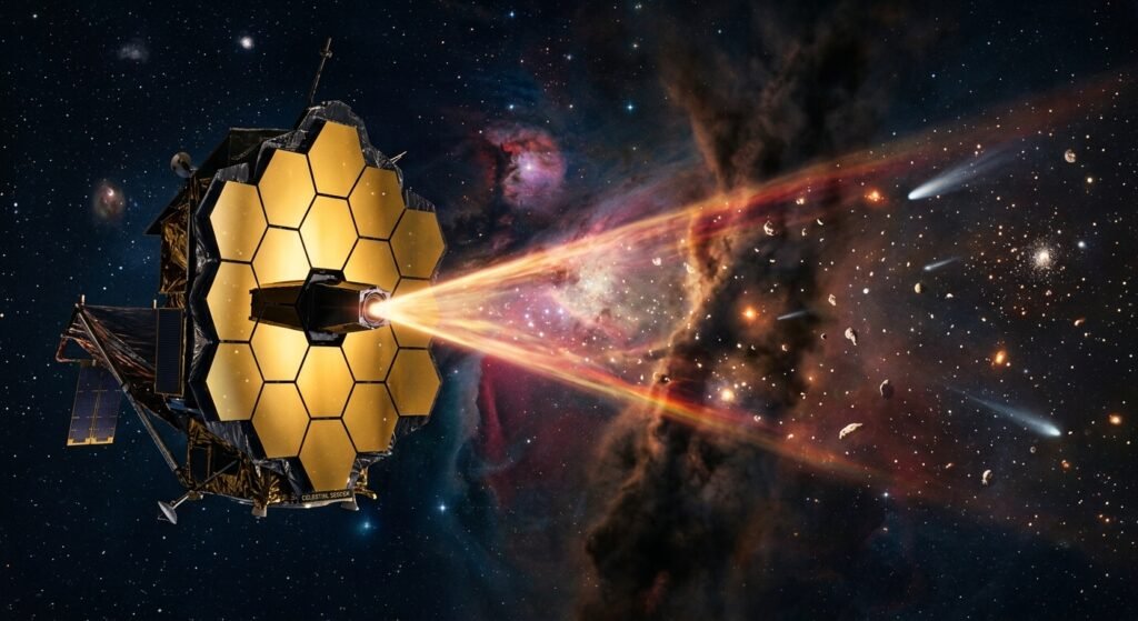 Telescópio James Webb: 700 Mistérios Cósmicos Revelados Telescópio espacial com espelhos hexagonais dourados emitindo feixes de luz no espaço entre estrelas e asteroides