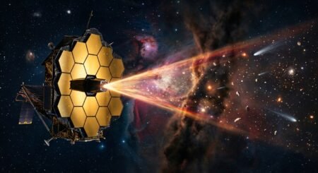 Telescópio espacial com espelhos hexagonais dourados emitindo feixes de luz no espaço entre estrelas e asteroides