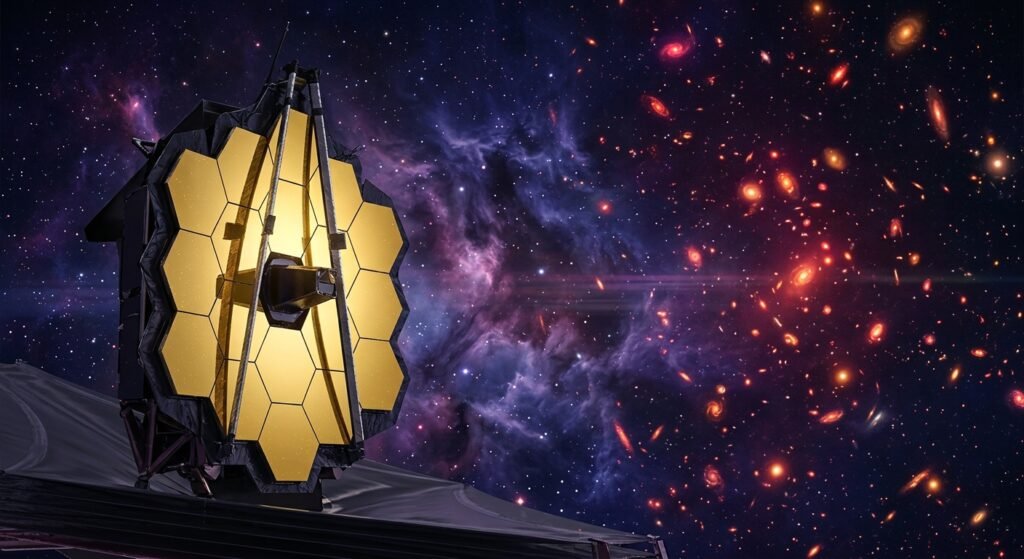 Telescópio Espacial James Webb com espelhos dourados hexagonais contra um fundo de espaço sideral e galáxias