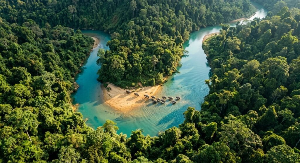 Vista aérea de uma manada de elefantes atravessando um rio de águas turquesa cercado por uma floresta densa